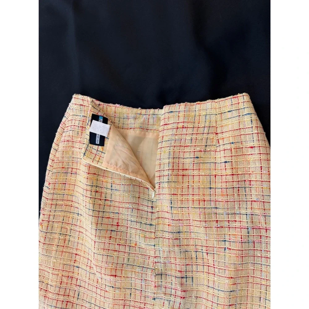 Yellow Plaid Tweed MiniSkirt Sz 10 A-Line Front Pleats Lined Vintage